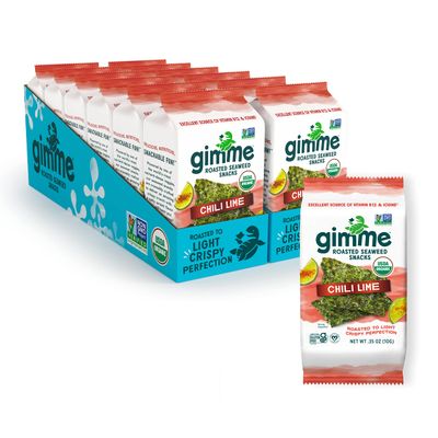 Gimme Seaweed Organic Premium Roasted Seaweed Snacks, Chili Lime, 12 Count Sharing Size, Keto, Vegan, Gluten-Free, Great Source of Omega3s and Iodine, Healthy On-The-Go Snack for Kids and Adults