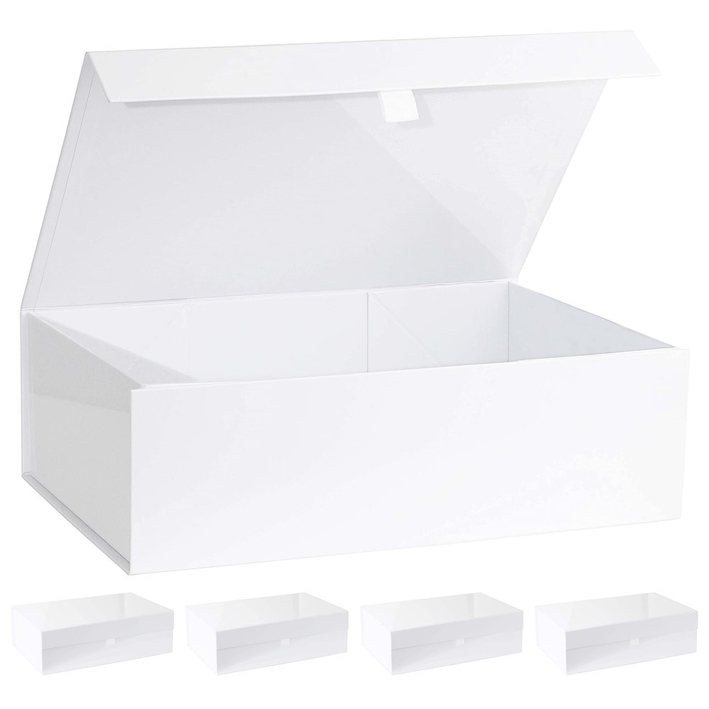 Purple Q Crafts 5 Pack White Hard Gift Box With Magnetic Closure Lid 10.5"x7"x3" Rectangle Favor Boxes With White Glossy Finish (5 Boxes)