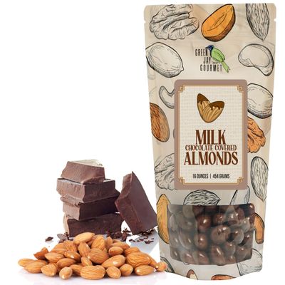 Green Jay Gourmet Milk Chocolate Covered Almonds - Premium Chocolate Candy Snacks for Kids and Adults - Quality Handmade Chocolate Gifts for Christmas and Holidays - 16 Ounce Resealable Bag