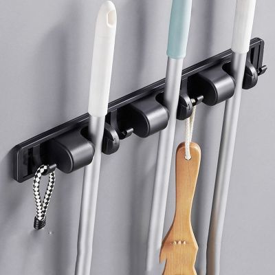 Self Adhesive No Drilling Broom Holder, Mop Rack & Mop Grippers, Anti-Slip Dustpan Hanger, Wall Mount Mops Stand, 3 Clips 4 Hooks (Color : B, Size : 26.5 * 5CM)