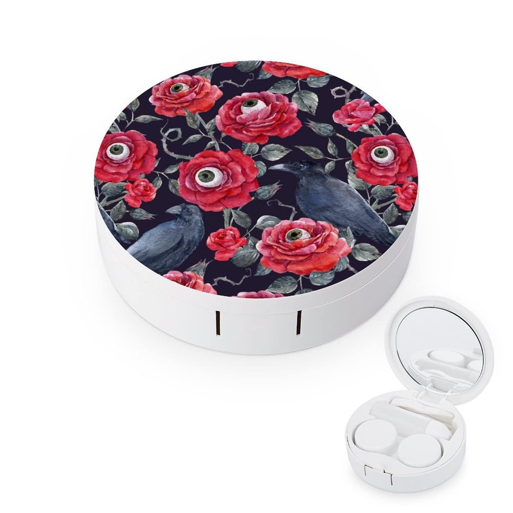PutDiDi Roses With Eyeballs Contact Lens Case Box Holder Container with Mirror Portable Eye Contact Holder Travel Kit with Lens Cleaner Solution Bottle Tweezers Outdoor Office Daily