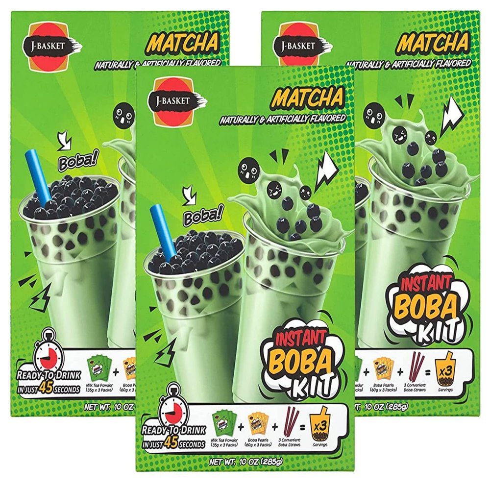 J-Basket Boba Kit, Bubble Pearl Milk Tea with Authentic Tapioca Boba, Straws Included,10 Oz (Pack of 3) (Matcha (Pack of 3))