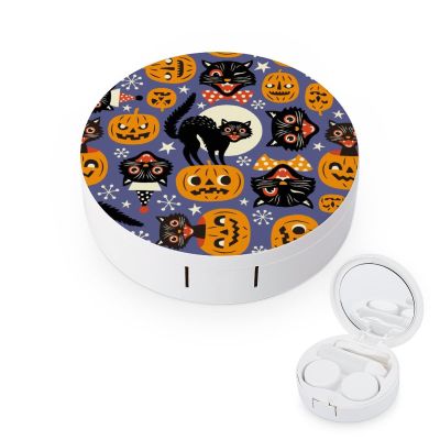Cat Pumpkin Halloween Contact Lens Case Box Holder Container with Mirror Portable Eye Contact Holder Travel Kit with Lens Cleaner Solution Bottle Tweezers Outdoor Office