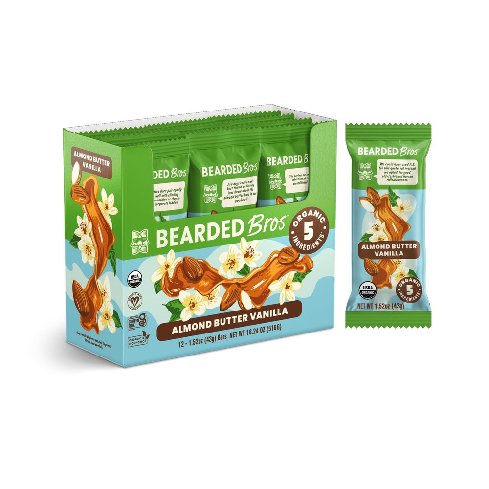 Bearded Brothers, Organic Vegan Protein Energy Bars, Almond Butter Vanilla (12 Pack) - Gluten Free, Paleo, Fiber, Whole 30 | Non GMO Low Glycemic Snacks (Packaging May Vary)