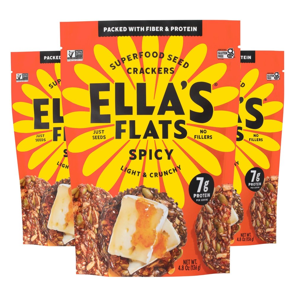 ELLAS FLATS Spicy All Seed Savory Crisps All Natural, Gluten Free, Good Source of Protein, High Fiber, Vegan and Keto Friendly (3 Pack)