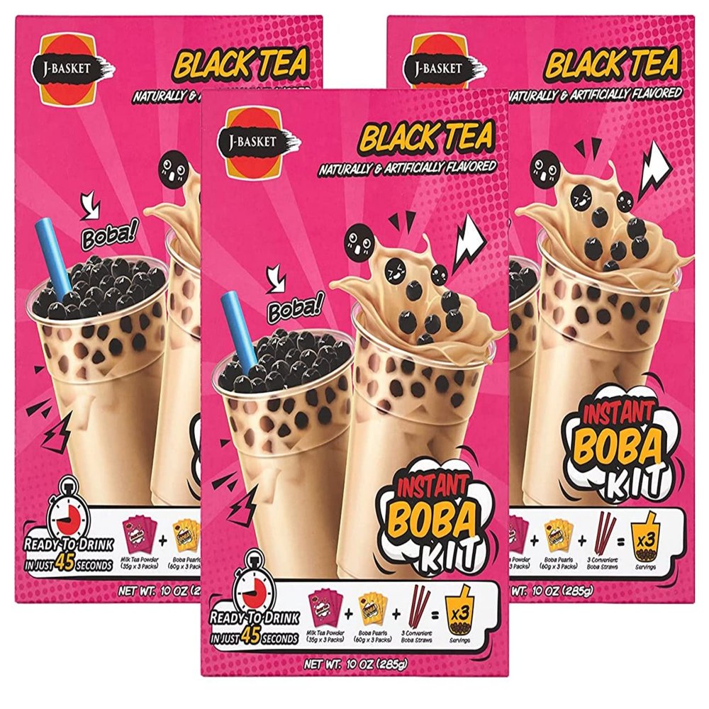 J-Basket Boba Kit, Bubble Pearl Milk Tea with Authentic Tapioca Boba, Straws Included,10 Oz (Pack of 3) (Black Tea (Pack of 3))