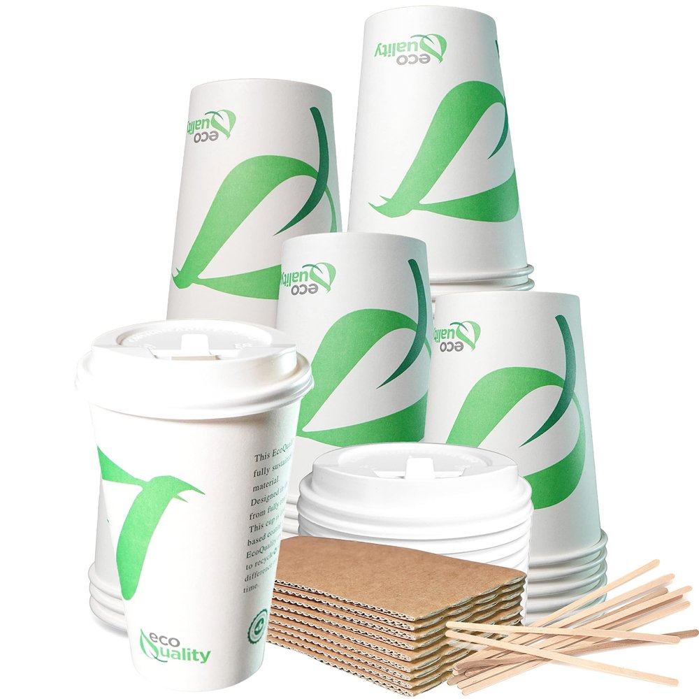 16 oz Compostable Paper Cups with White Dome Lids, Sleeves and Wooden Stirrers - Biodegradable Disposable White Paper Coffee Cups PLA Lined - Eco-friendly Hot and Cold Drinking Cups (300)
