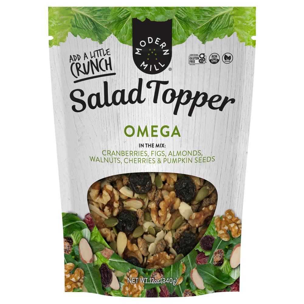 Modern Mill Omega Mixed Salad Topper By Gourmet Nut - Dried Cranberries, Figs, Roasted Sliced Almonds, Walnuts, Cherries & Pumpkin Seeds - Gluten Free, Kosher, Vegan Snack Mix - 12 oz Resealable Bag
