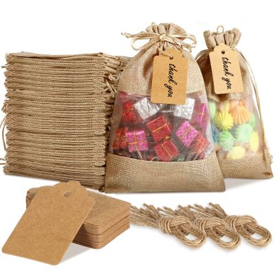 Kenning 48 Pcs 6 x 9 Inch Burlap Bag with Drawstring, Linen Burlap Sheer Bag, with Gift Tags, Organza Mother Day Favors Gifts for Wedding Party Favors, Craft DIY Bags, Present, Goodies Mesh Pouch