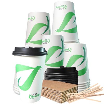 16 oz Compostable Paper Cups with Black Dome Lids, Sleeves and Wooden Stirrers - Biodegradable Disposable White Paper Coffee Cups PLA Lined - Eco-friendly Hot and Cold Drinking Cups (200)