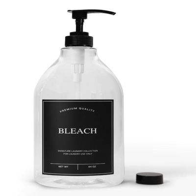 Calindiana Modern Farmhouse Bleach Liquid Laundry Detergent Dispenser for Laundry Room Decor and Organization, PET Plastic Landry Soap Containers with Water Resistant Label, Clear 64oz