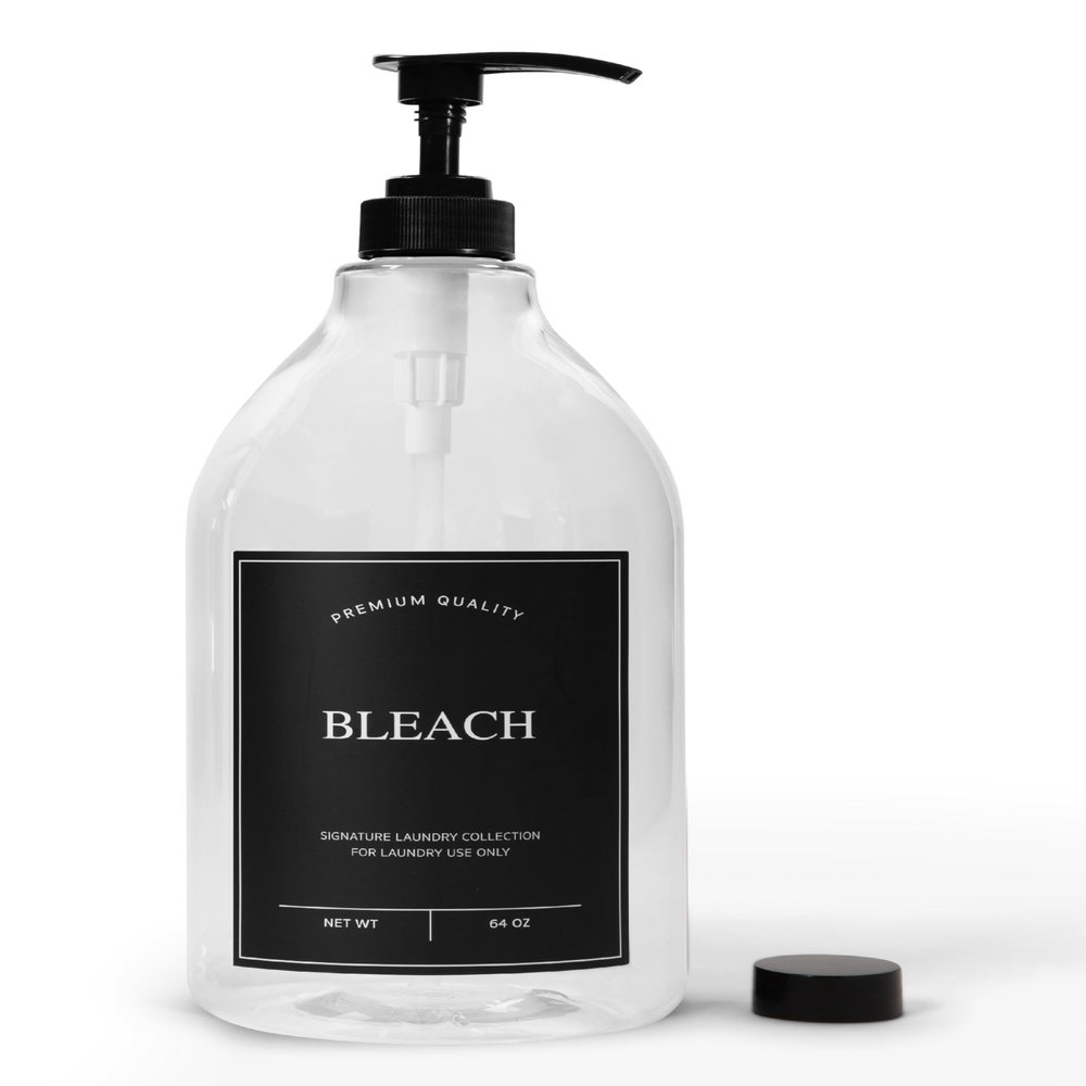 Calindiana Modern Farmhouse Bleach Liquid Laundry Detergent Dispenser for Laundry Room Decor and Organization, PET Plastic Landry Soap Containers with Water Resistant Label, Clear 64oz