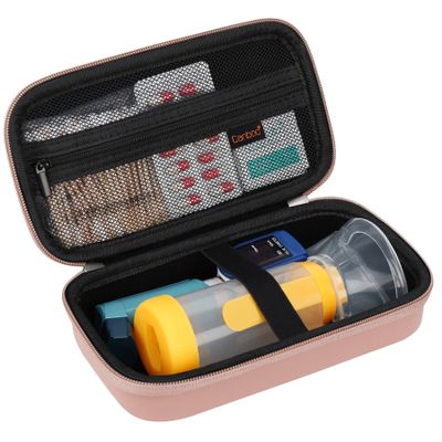 Canboc Travel Carrying Case for Asthma Inhaler, Handheld Spacer for Adults and Kids, Masks, Hard Inhaler Case with Mesh Pocket fit Medicine and Other Essentials, Rose Gold (CASE ONLY)
