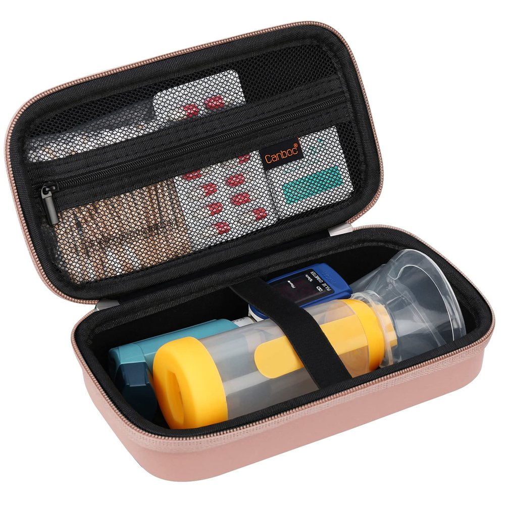 Canboc Travel Carrying Case for Asthma Inhaler, Handheld Spacer for Adults and Kids, Masks, Hard Inhaler Case with Mesh Pocket fit Medicine and Other Essentials, Rose Gold (CASE ONLY)