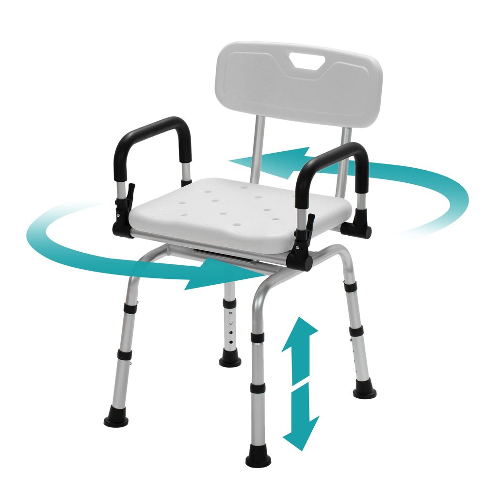 ELENKER Swivel Shower Chair for Inside Shower, Adjustable Pivoting Bath Chair & Medical Grade Rotating Shower Seat with Liftable Armrests and Backrest