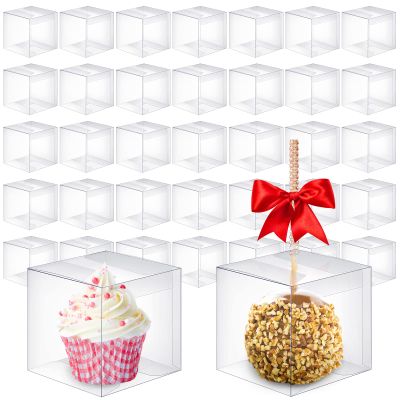 Juexica 200 Pcs Candy Apple Boxes Clear with Hole 4 x 4 x 4 Inch Gift Box Transparent Caramel Apple Boxes Plastic Wrapping Containers for Cookies Chocolate Wedding Thanksgiving Autumn Party Favor