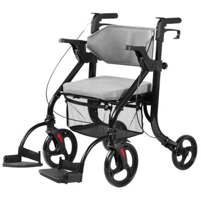 2 in 1 Folding Rollator Walker for Seniors - Transport Wheelchair Rollator with Soft Backrest and Detachable Footrests - 4 Wheel Walker and 220lbs Support