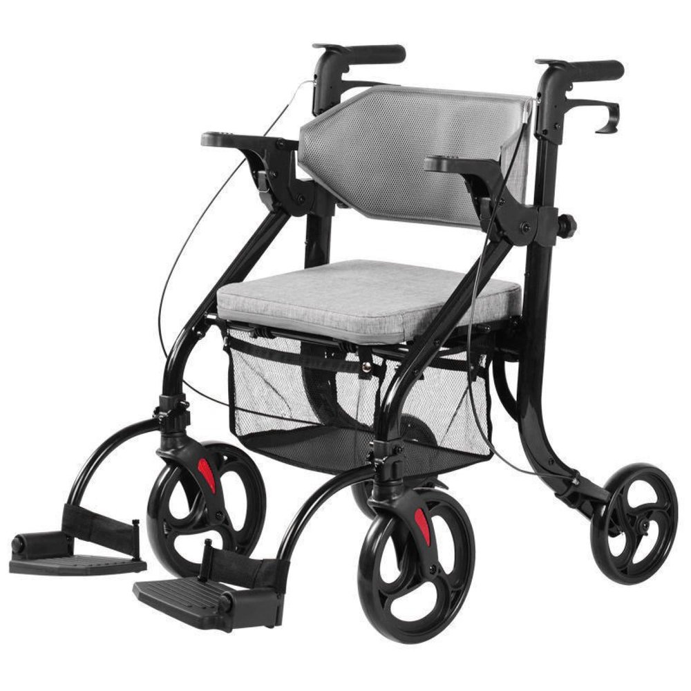 2 in 1 Folding Rollator Walker for Seniors - Transport Wheelchair Rollator with Soft Backrest and Detachable Footrests - 4 Wheel Walker and 220lbs Support