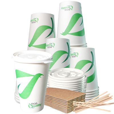 20 oz Compostable Paper Cups with White Flat Lids, Sleeves and Wooden Stirrers - Biodegradable Disposable White Paper Coffee Cups PLA Lined - Eco-friendly Hot and Cold Drinking Cups (50)
