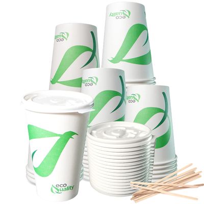 20 oz Compostable Paper Cups with White Flat Lids and Wooden Stirrers - Biodegradable Disposable White Paper Coffee Cups PLA Lined - Eco-friendly Hot and Cold Drinking Cups (300)