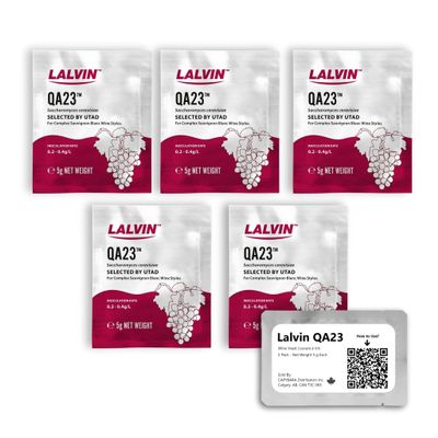 Lalvin QA23 Wine Yeast (5 Pack) - Make Wine Cider Mead Kombucha At Home - 5 g Sachets - Saccharomyces cerevisiae - Sold by CAPYBARA Distributors Inc.