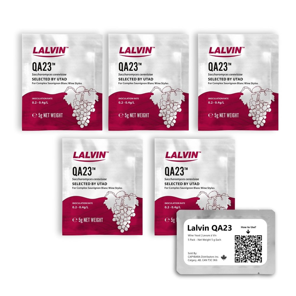 Lalvin QA23 Wine Yeast (5 Pack) - Make Wine Cider Mead Kombucha At Home - 5 g Sachets - Saccharomyces cerevisiae - Sold by CAPYBARA Distributors Inc.