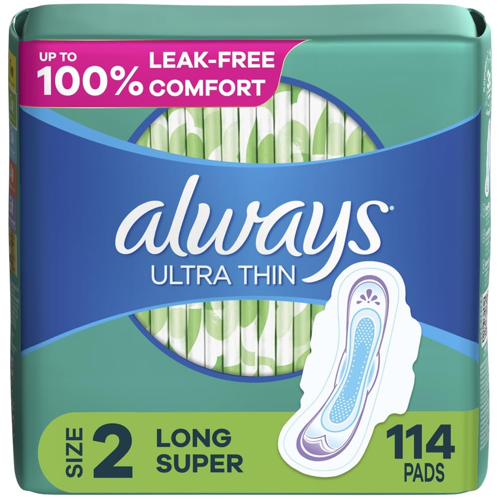 Always Ultra Thin Daytime Pads with Wings, Size 2, Long Super, Unscented, 114 Count