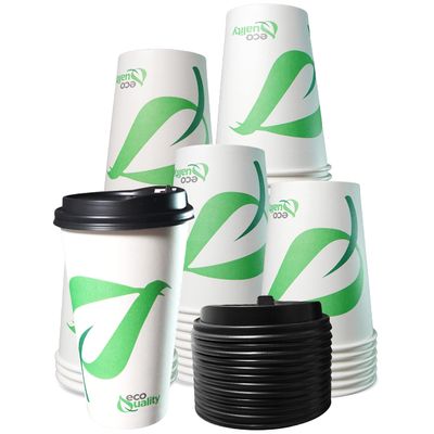 20 oz Compostable Paper Cups with Black Dome Lids - Biodegradable Disposable White Paper Coffee Cups PLA Lined - Eco-friendly Hot and Cold Drinking Cups (300)