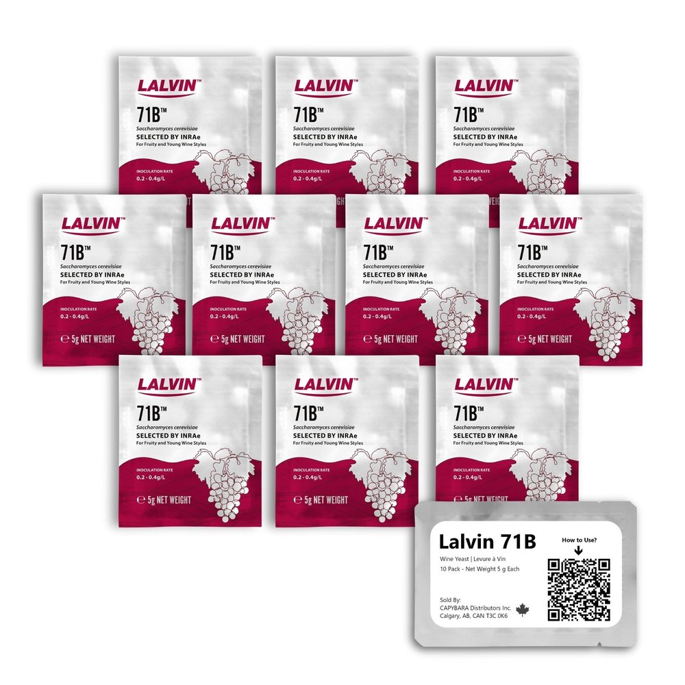 Lalvin 71B Wine Yeast (10 Pack) - Make Wine Cider Mead Kombucha At Home - 5 g Sachets - Saccharomyces cerevisiae - Sold by CAPYBARA Distributors Inc.