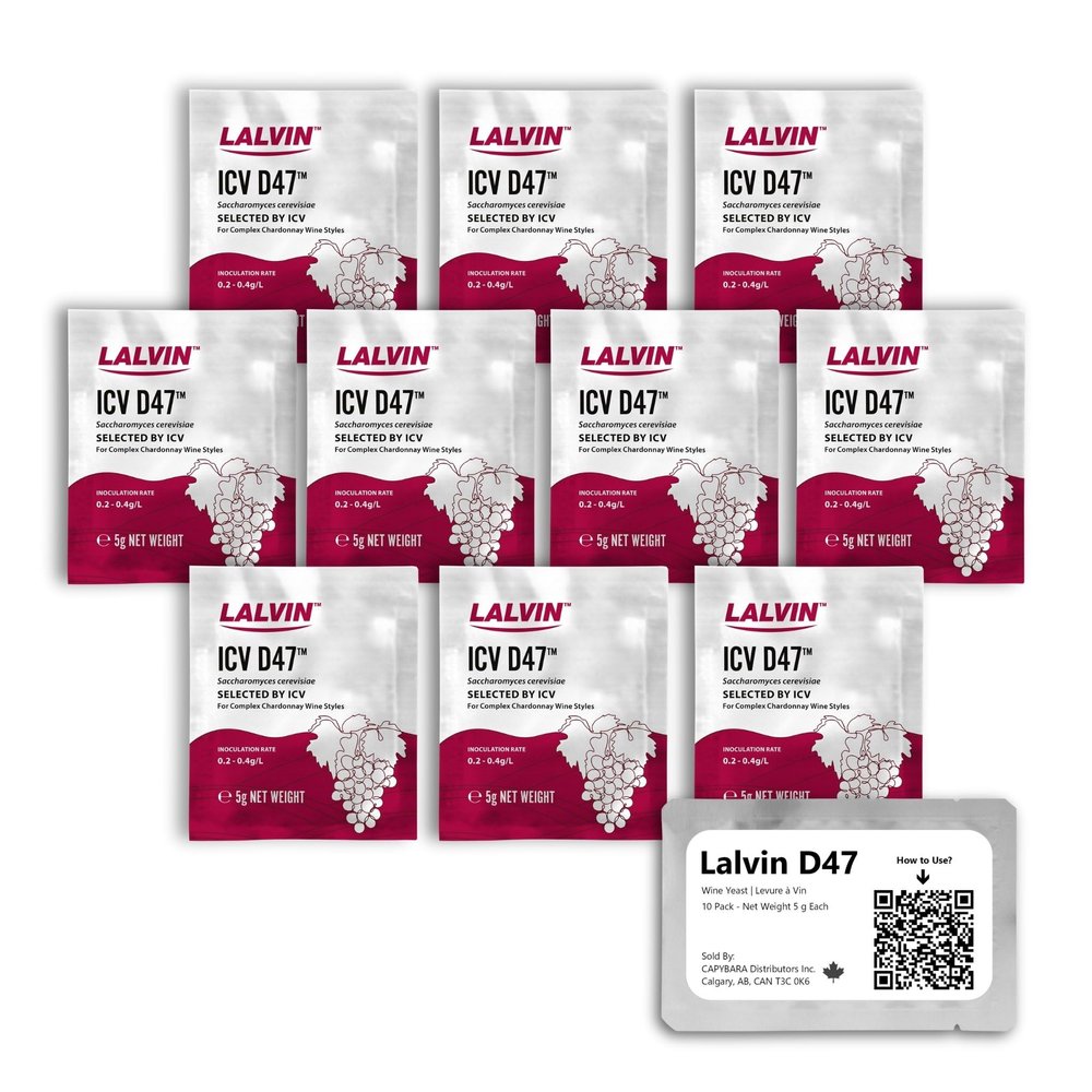 Lalvin D47 Wine Yeast (10 Pack) - Make Wine Cider Mead Kombucha At Home - 5 g Sachets - Saccharomyces cerevisiae - Sold by CAPYBARA Distributors Inc.