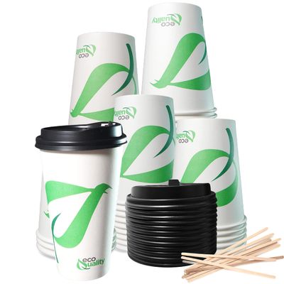 20 oz Compostable Paper Cups with Black Dome Lids and Wooden Stirrers - Biodegradable Disposable White Paper Coffee Cups PLA Lined - Eco-friendly Hot and Cold Drinking Cups (250)
