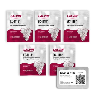 Lalvin EC-1118 Wine Yeast (5 Pack) - Champagne Yeast - Make Wine Cider Mead Kombucha At Home - 5 g Sachets - Saccharomyces cerevisiae - Sold by CAPYBARA Distributors Inc.