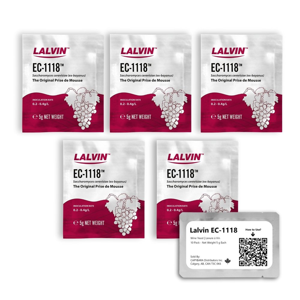 Lalvin EC-1118 Wine Yeast (5 Pack) - Champagne Yeast - Make Wine Cider Mead Kombucha At Home - 5 g Sachets - Saccharomyces cerevisiae - Sold by CAPYBARA Distributors Inc.