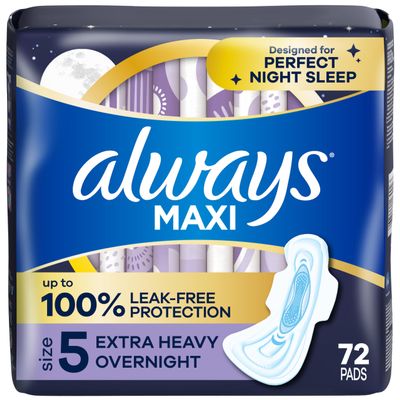 Always Maxi Overnight Pads with Wings, Size 5, Extra Heavy Overnight, Unscented, 72 Count