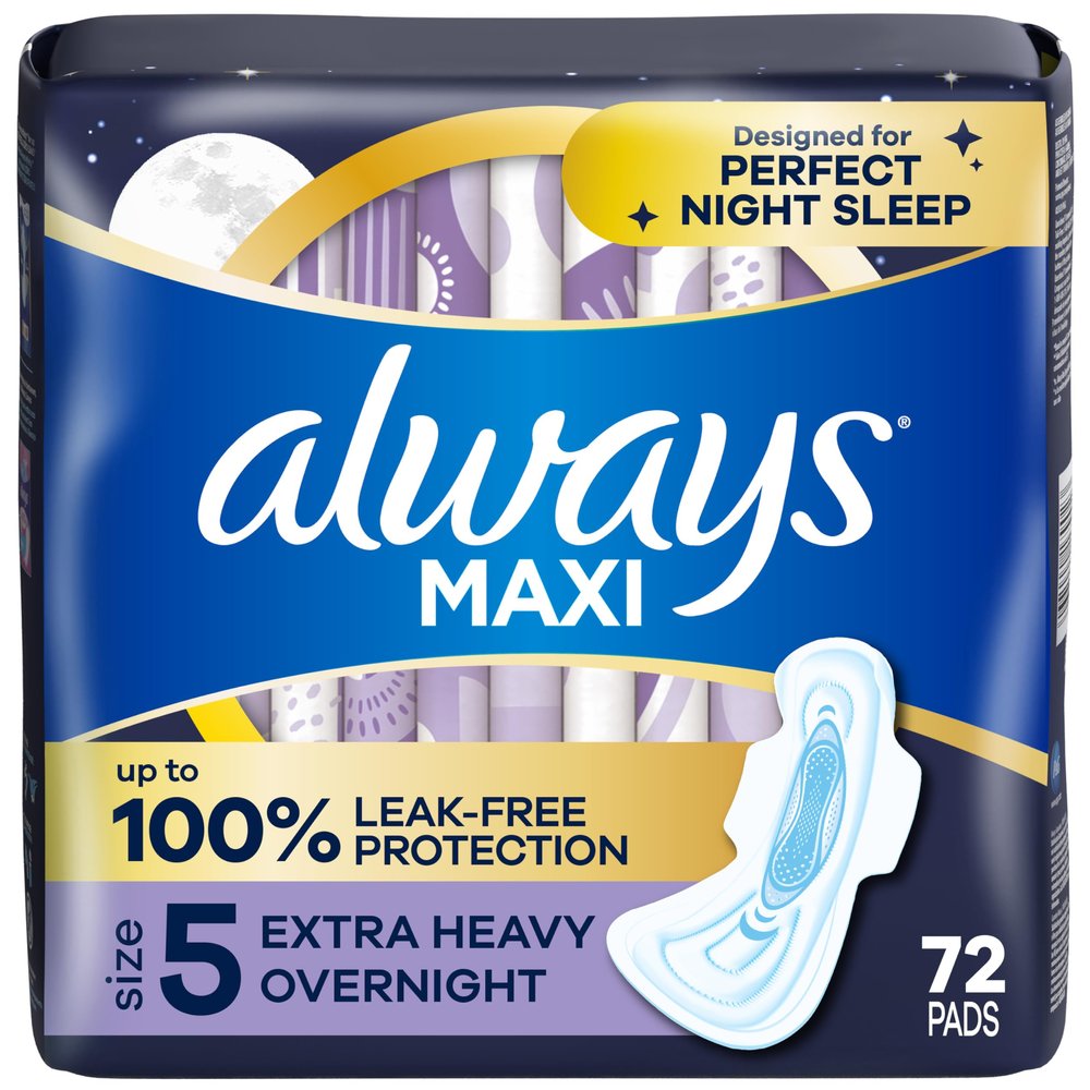 Always Maxi Overnight Pads with Wings, Size 5, Extra Heavy Overnight, Unscented, 72 Count