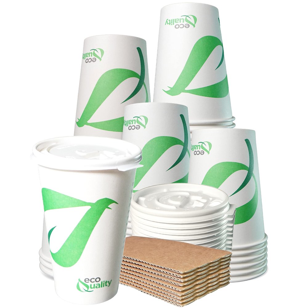 20 oz Compostable Paper Cups with White Flat Lids and Sleeves - Biodegradable Disposable White Paper Coffee Cups PLA Lined - Eco-friendly Hot and Cold Drinking Cups (1000)