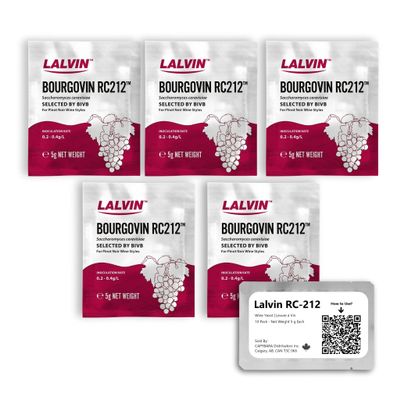 Lalvin RC-212 Wine Yeast (5 Pack) - Make Wine Cider Mead Kombucha At Home - 5 g Sachets - Saccharomyces cerevisiae - Sold by CAPYBARA Distributors Inc.