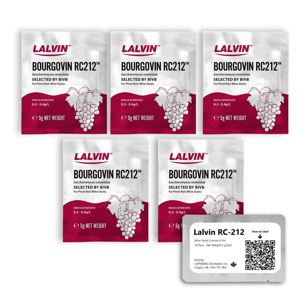 Lalvin RC-212 Wine Yeast (5 Pack) - Make Wine Cider Mead Kombucha At Home - 5 g Sachets - Saccharomyces cerevisiae - Sold by CAPYBARA Distributors Inc.