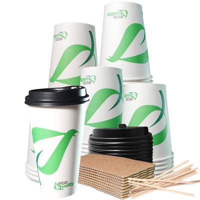 20 oz Compostable Paper Cups with Black Dome Lids, Sleeves and Wooden Stirrers - Biodegradable Disposable White Paper Coffee Cups PLA Lined - Eco-friendly Hot and Cold Drinking Cups (400)