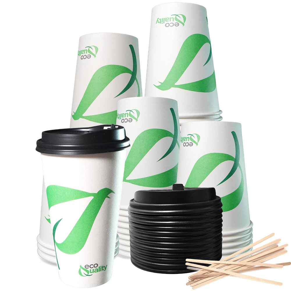 20 oz Compostable Paper Cups with Black Dome Lids and Wooden Stirrers - Biodegradable Disposable White Paper Coffee Cups PLA Lined - Eco-friendly Hot and Cold Drinking Cups (500)