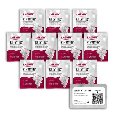 Lalvin K1-V1116 Wine Yeast (10 Pack) - Make Wine Cider Mead Kombucha At Home - 5 g Sachets - Saccharomyces cerevisiae - Sold by CAPYBARA Distributors Inc.