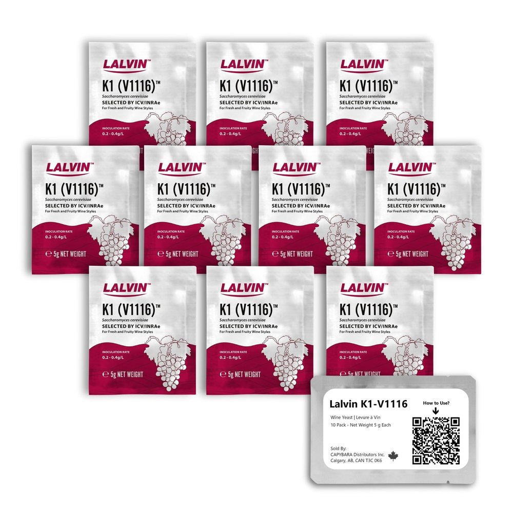 Lalvin K1-V1116 Wine Yeast (10 Pack) - Make Wine Cider Mead Kombucha At Home - 5 g Sachets - Saccharomyces cerevisiae - Sold by CAPYBARA Distributors Inc.
