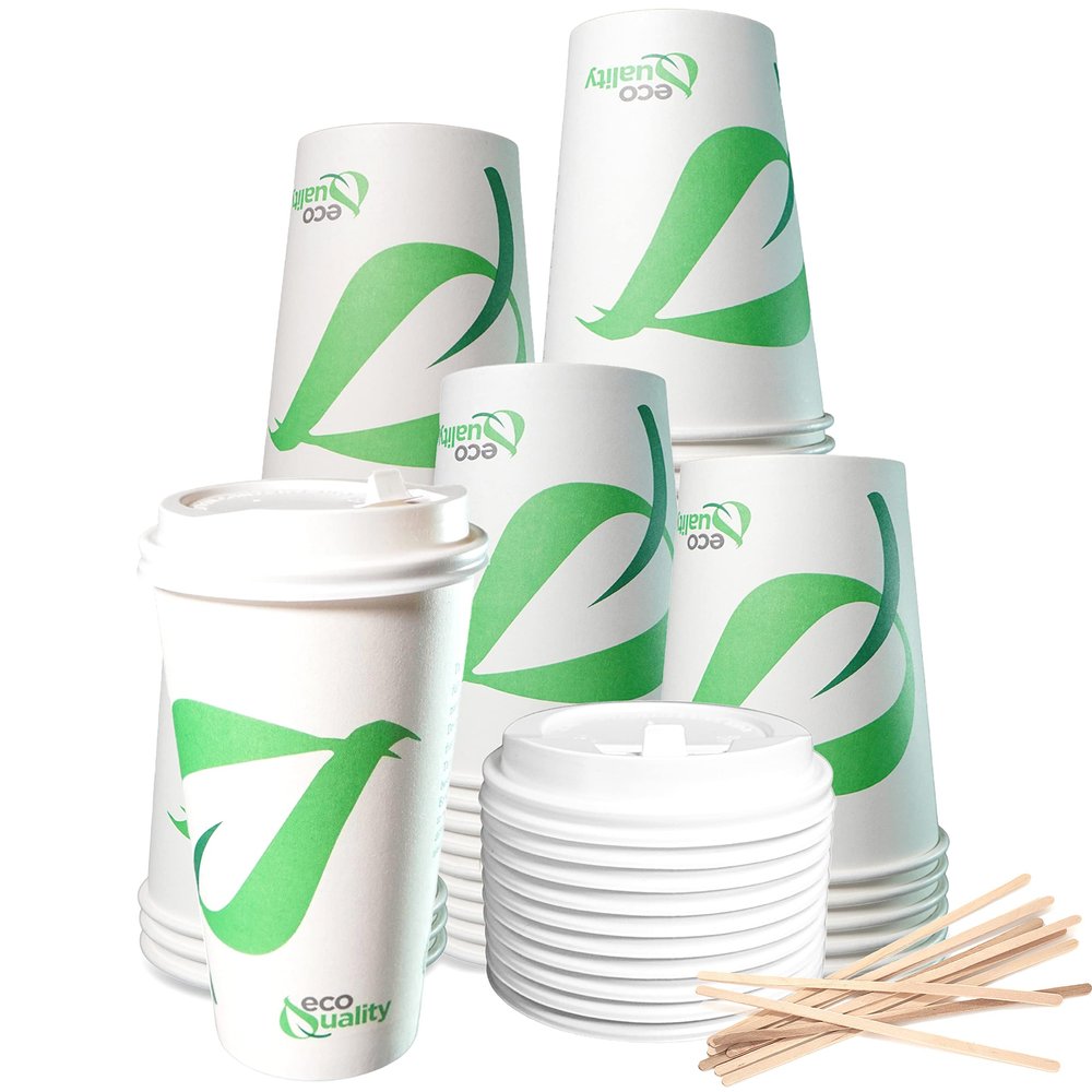 20 oz Compostable Paper Cups with White Dome Lids and Wooden Stirrers - Biodegradable Disposable White Paper Coffee Cups PLA Lined - Eco-friendly Hot and Cold Drinking Cups (1000)