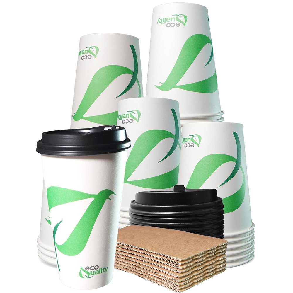 20 oz Compostable Paper Cups with Black Dome Lids and Sleeves - Biodegradable Disposable White Paper Coffee Cups PLA Lined - Eco-friendly Hot and Cold Drinking Cups (500)