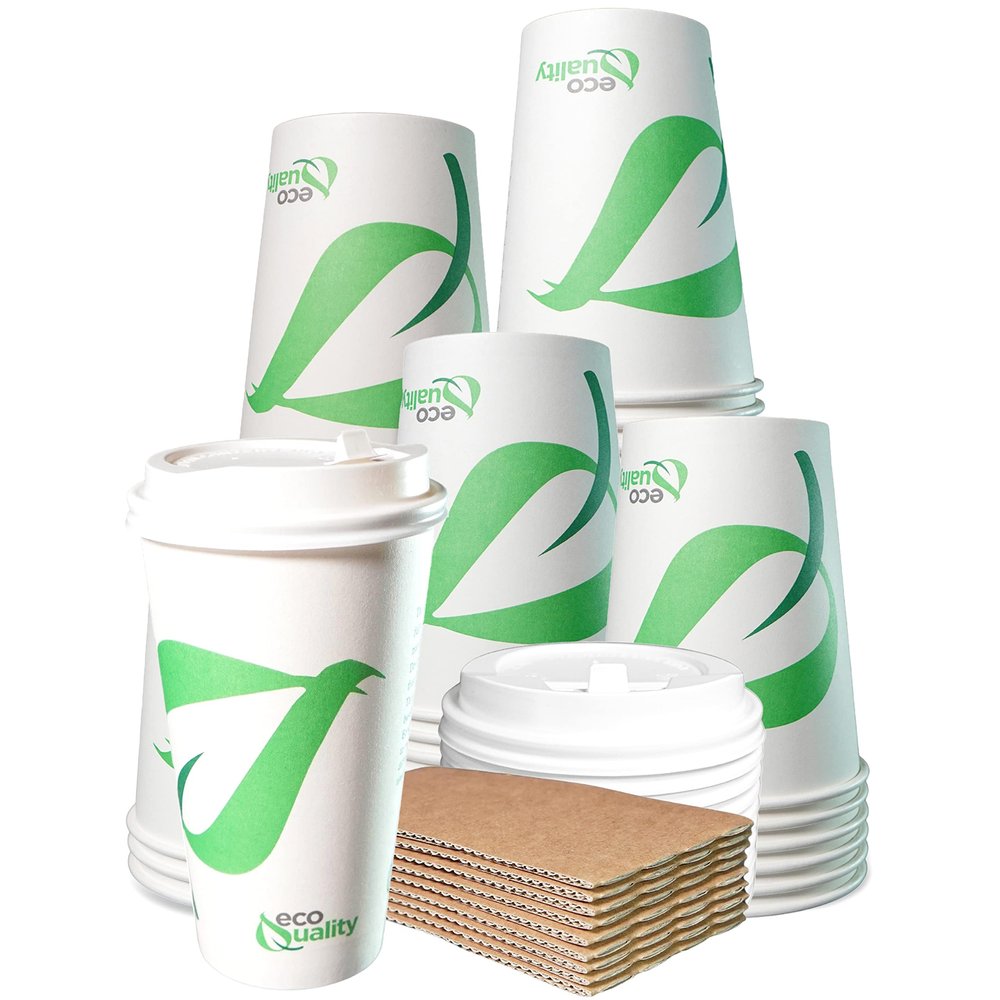 20 oz Compostable Paper Cups with White Dome Lids and Sleeves - Biodegradable Disposable White Paper Coffee Cups PLA Lined - Eco-friendly Hot and Cold Drinking Cups (300)