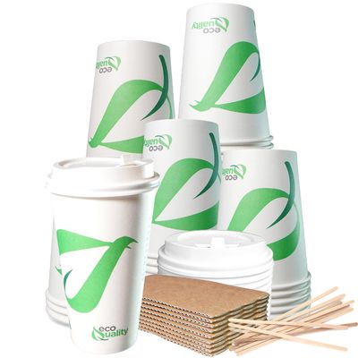 20 oz Compostable Paper Cups with White Dome Lids, Sleeves and Wooden Stirrers - Biodegradable Disposable White Paper Coffee Cups PLA Lined - Eco-friendly Hot and Cold Drinking Cups (150)