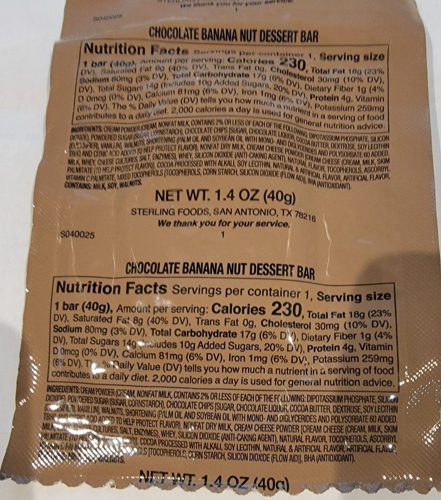 MRE Chocolate Banana Nut Dessert Bar 12 Pack