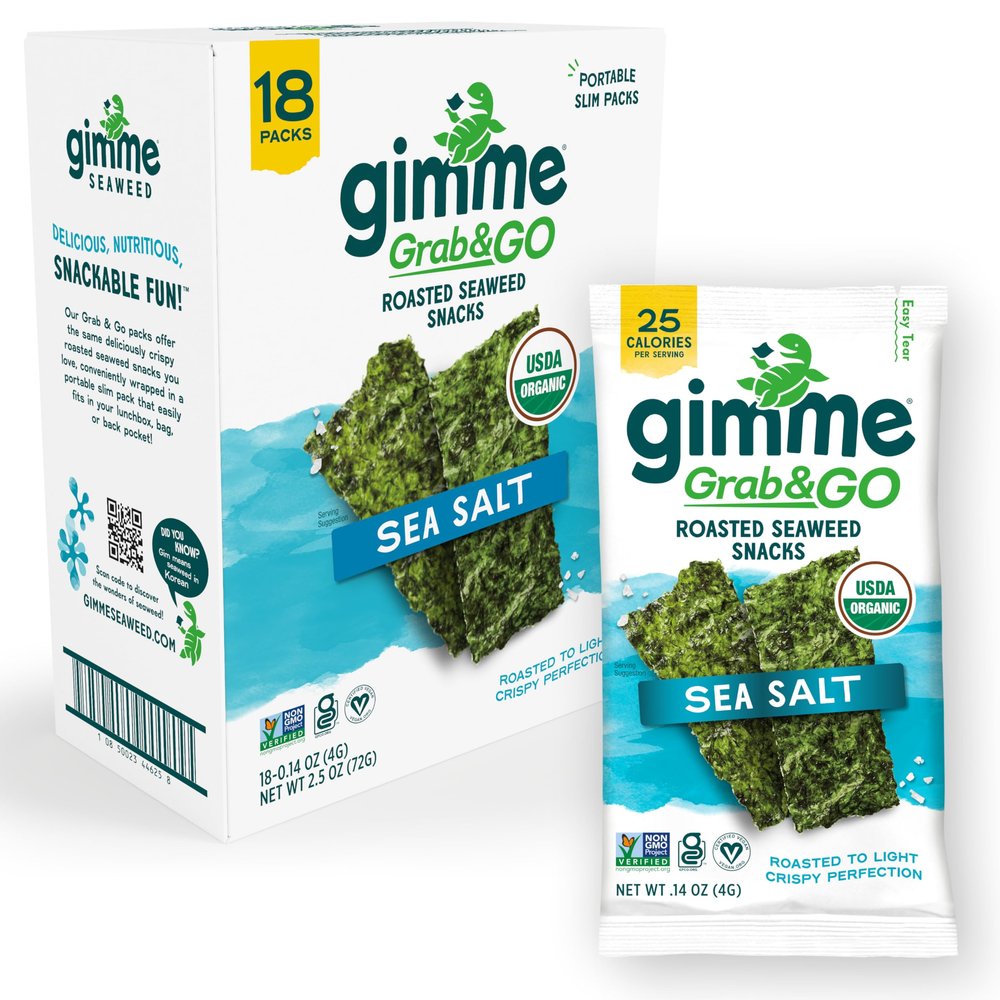 Gimme Seaweed Grab & Go Organic Premium Roasted Seaweed Snacks, Sea Salt, 18 Count Trayless, Keto, Vegan, Gluten-Free, Great Source of Omega3s and Iodine, Healthy On-The-Go Snack for Kids and Adults