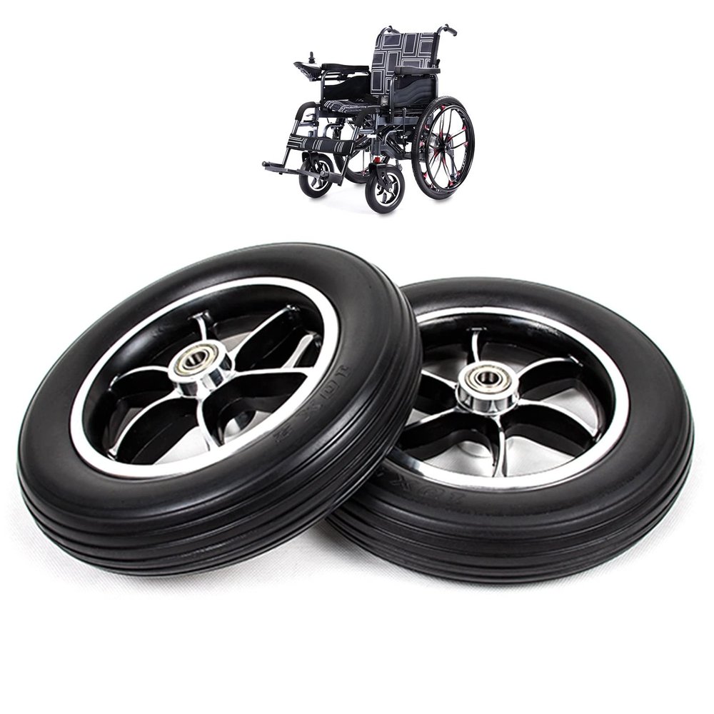 10inch Electric Wheelchair Front Wheels Casters, Wheelchair Replacement Wheels Accessories, PU Solid Tire, Aluminium Alloy Hub, Black, Bearing: 12mm