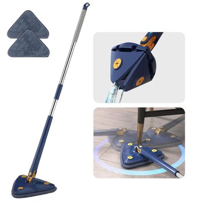 360 Rotatable Adjustable Cleaning Mop Reusable Triangle Mop with 52.1'' Long Handle Automatic Wringing Cleaning Mop Spin Mop Wet Dry Scrubber Brush for Floor Wall Ceiling (Blue+2pcs Clothes)
